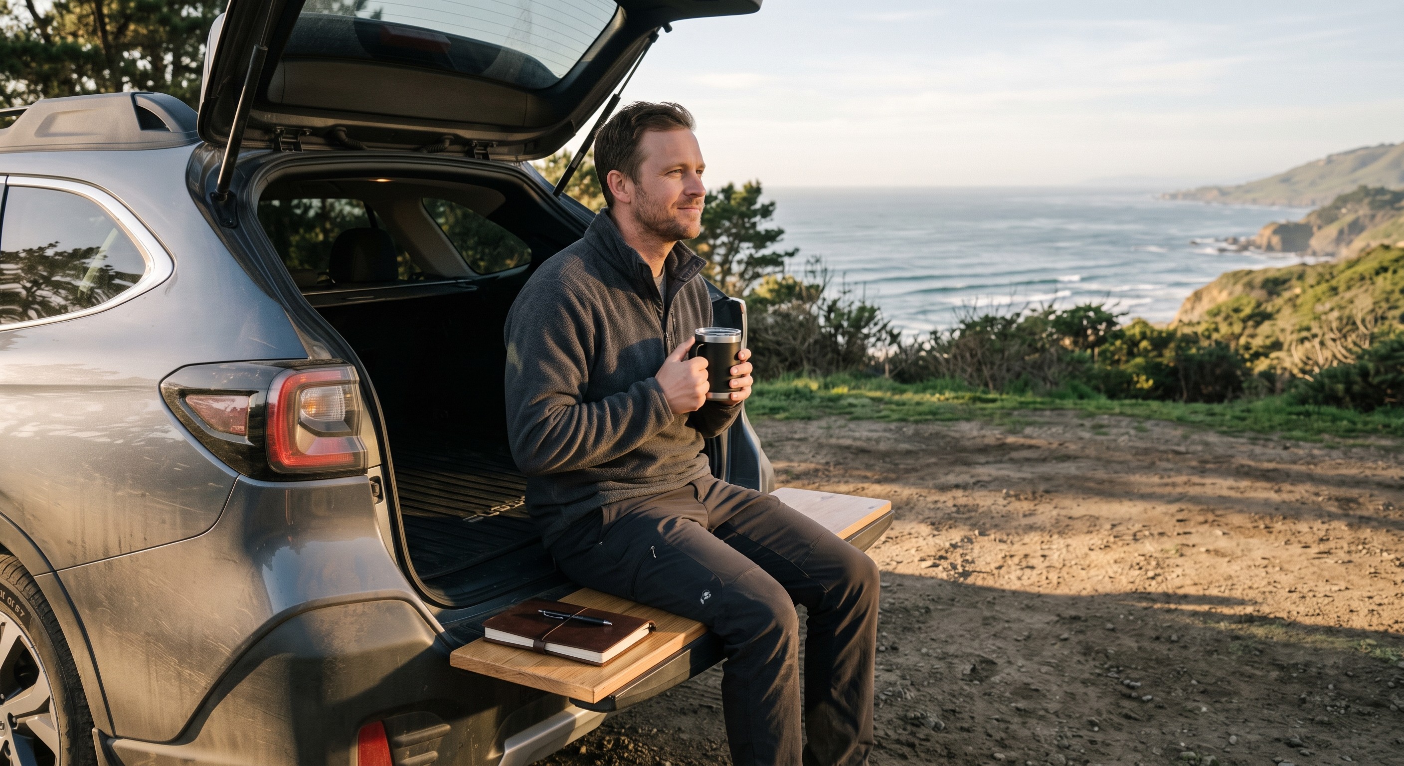 Man sitting on the tailgate of an SUV on a coastal overlook with a warm drink, embodying financial autonomy and time sovereignty