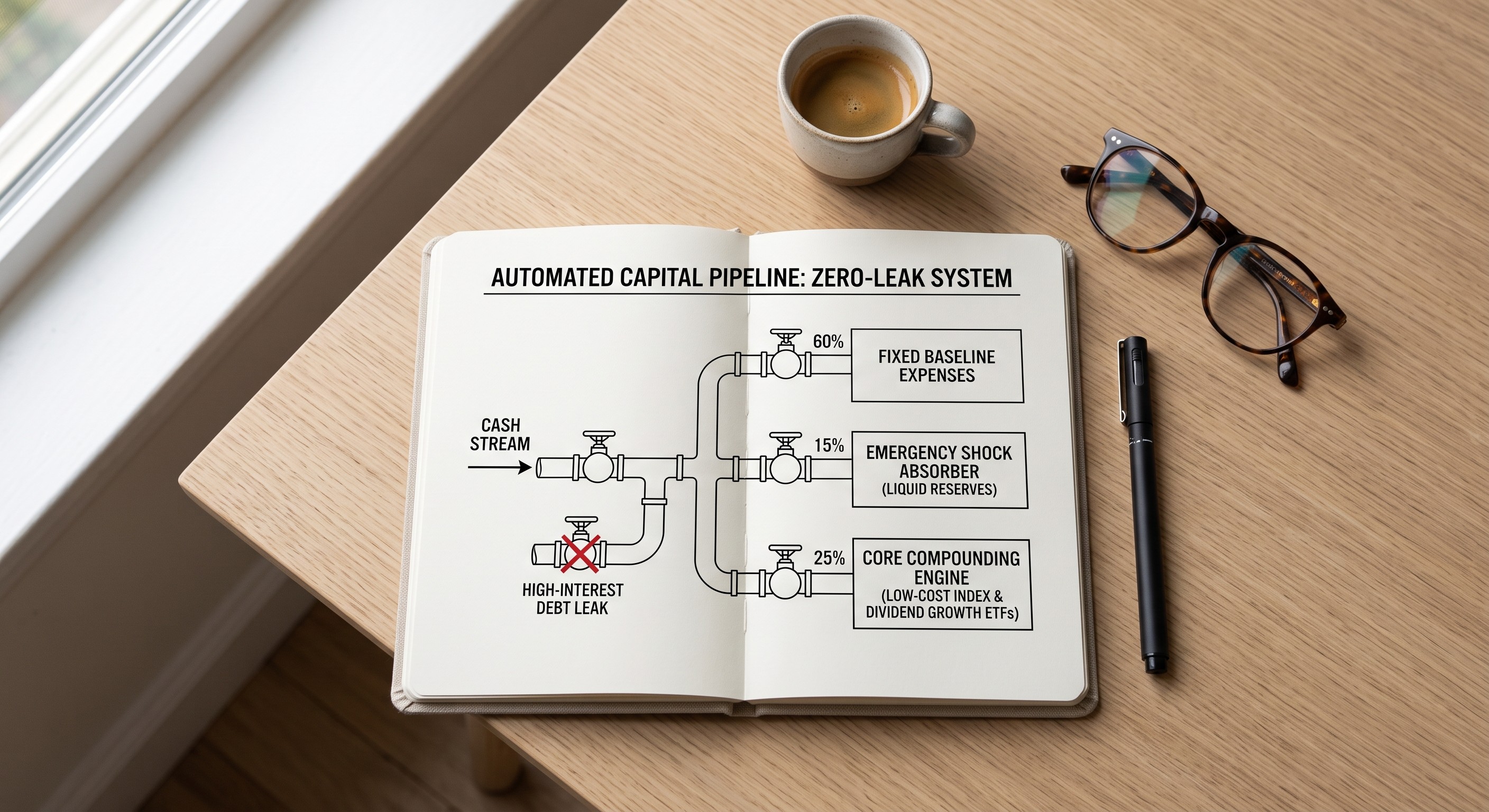 Notebook displaying an automated capital pipeline zero-leak system diagram with valves