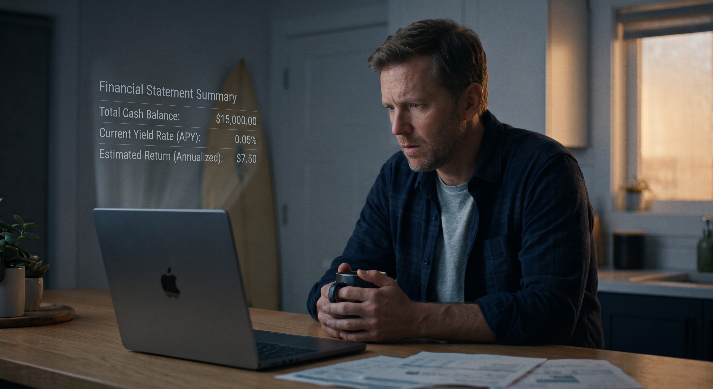 Man staring at a laptop screen showing a $15,000 cash balance earning a 0.05% APY yield