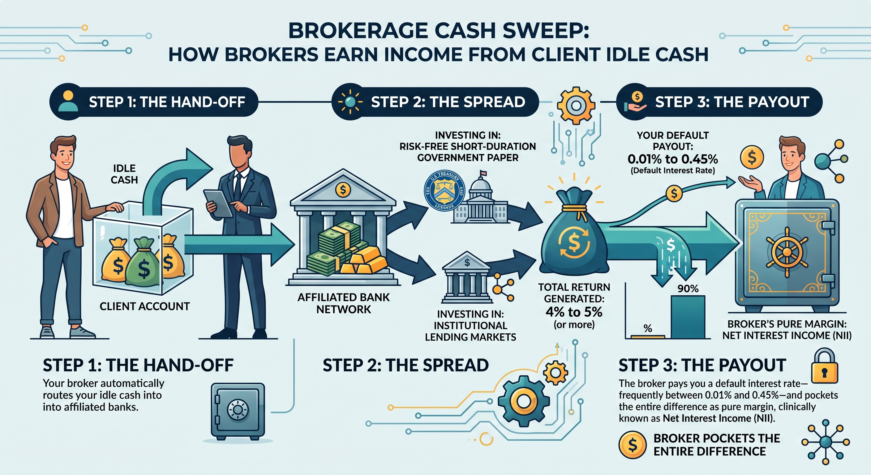 Diagram showing how brokers route client idle cash to affiliated banks and pocket the net interest income spread