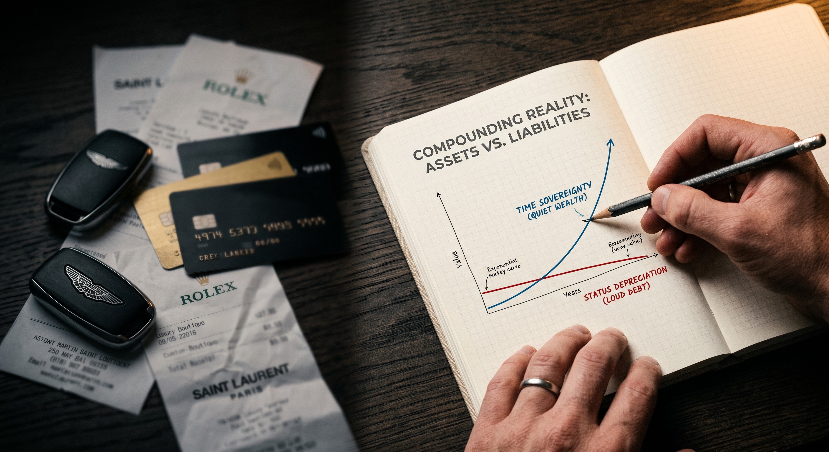 Notebook comparing exponential time sovereignty wealth curve against loud status depreciation debt