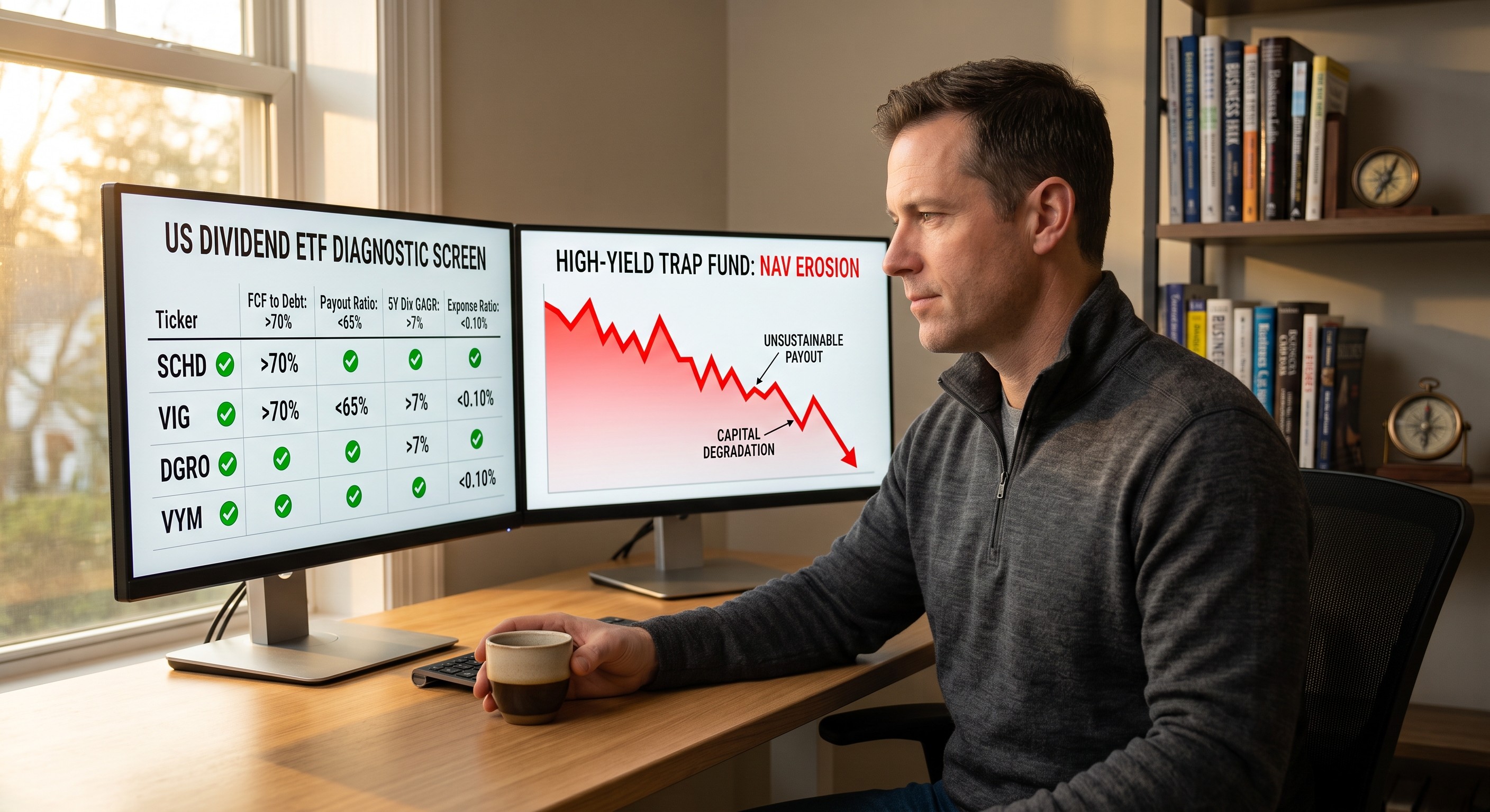 Trader analyzing dual monitors comparing SCHD diagnostic metrics against a failing NAV yield trap chart