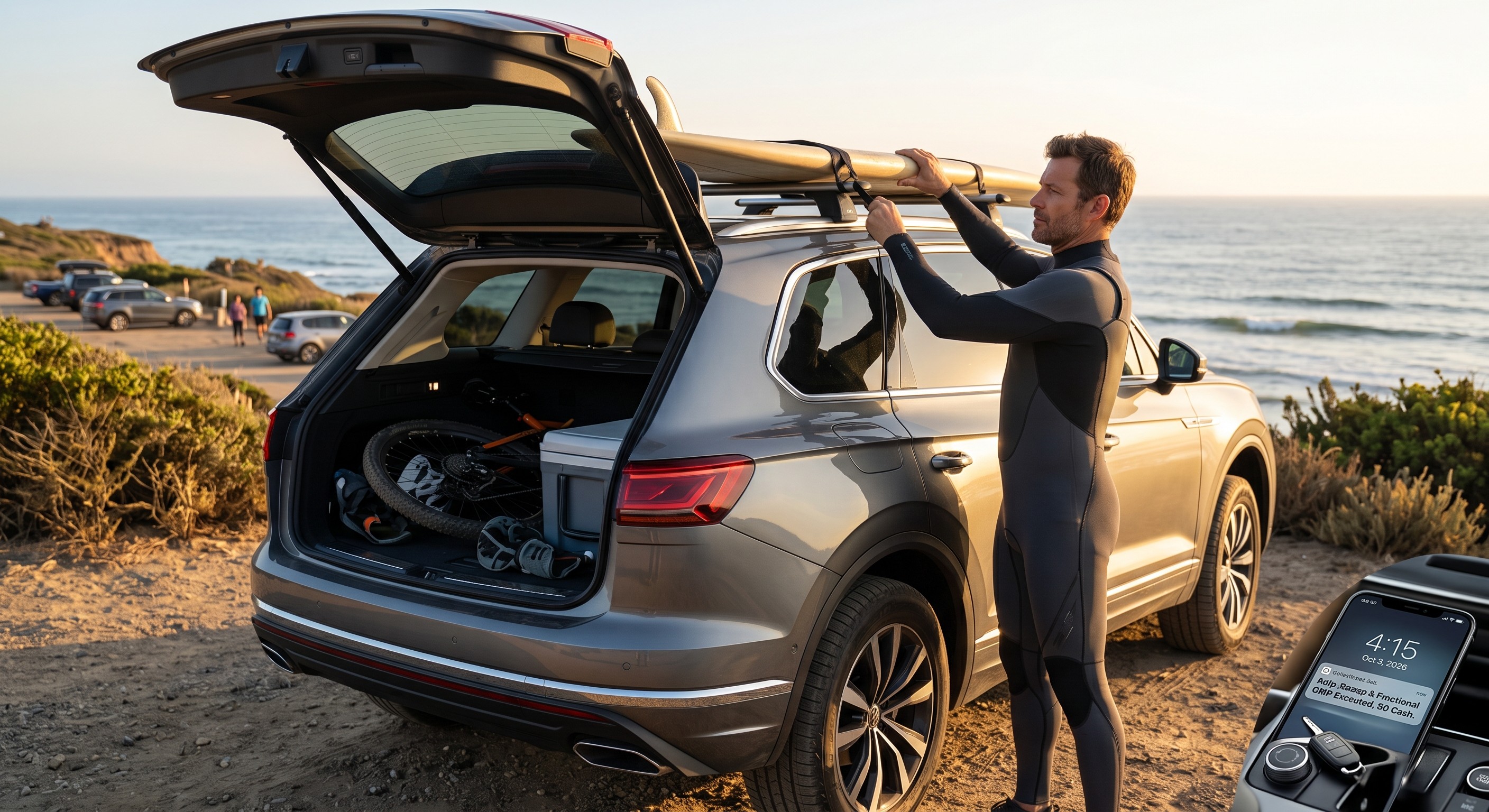Man packing surf gear into an SUV at sunrise, representing disciplined preparation and sustainable dividend compounding