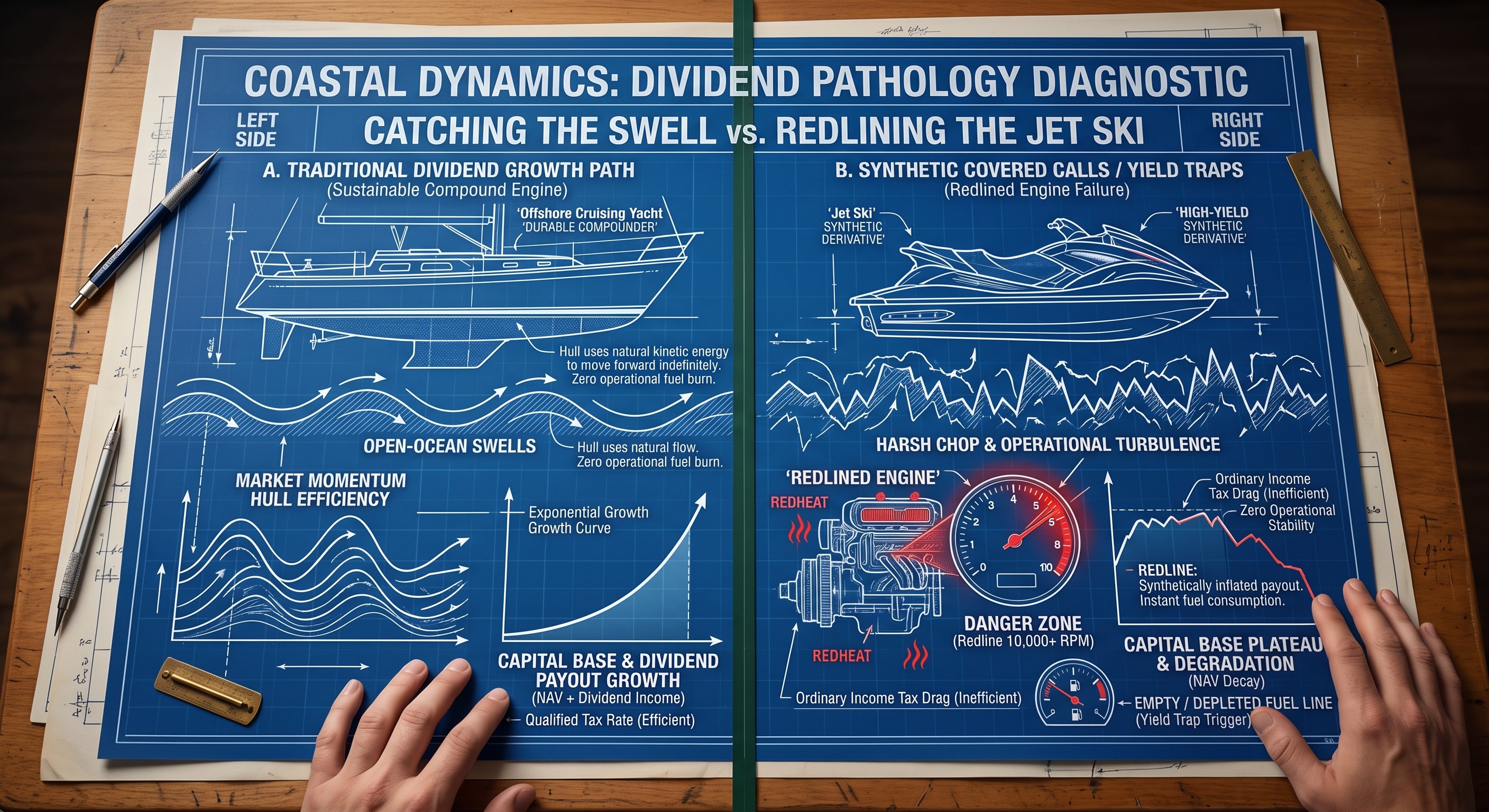 Blueprint diagram showing a sustainable cruising yacht vs a redlined jet ski, representing safe dividend growth vs synthetic covered call yield traps