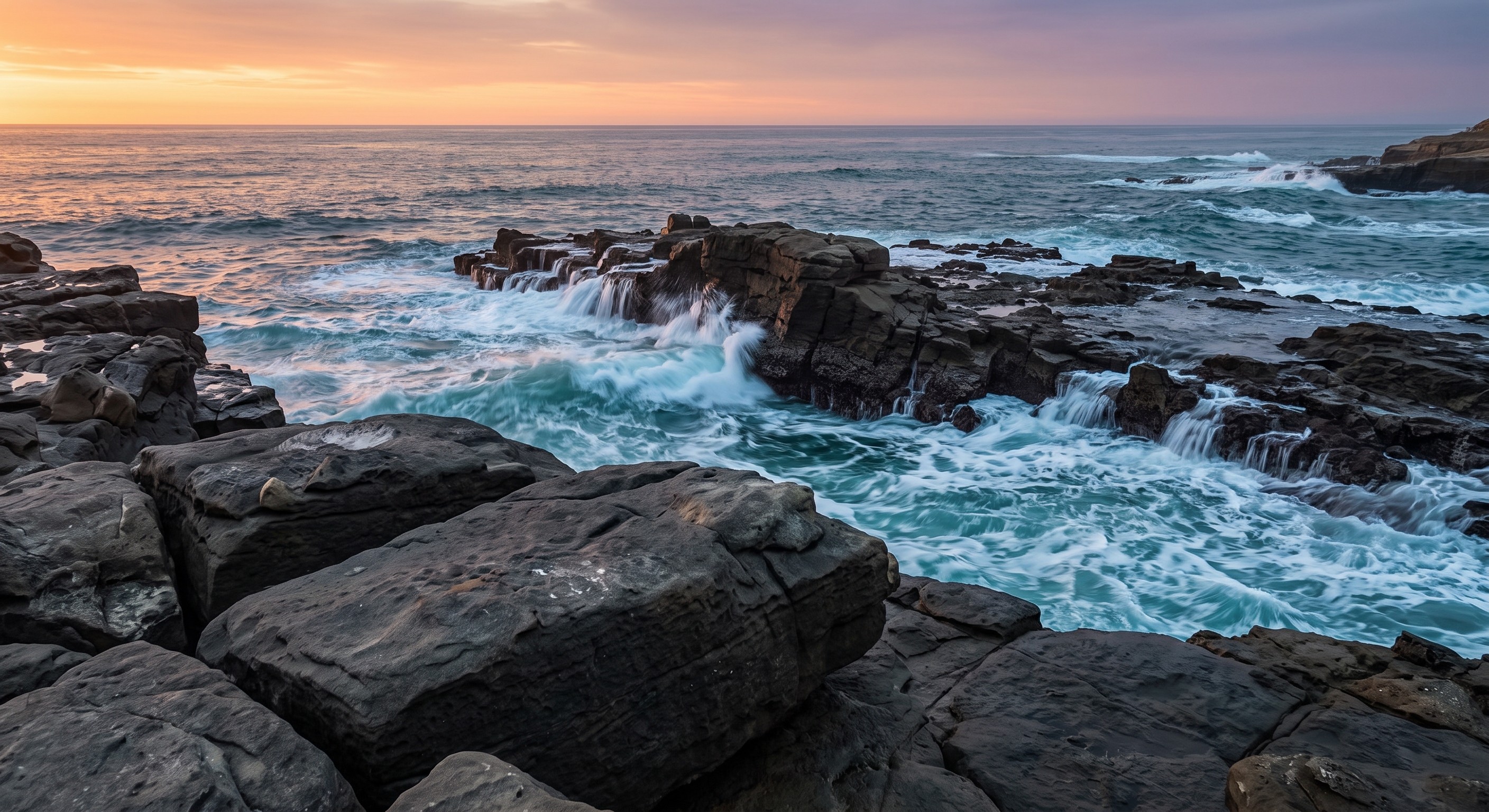 Ocean waves breaking over a rocky offshore reef during sunset, representing asset risk buffers