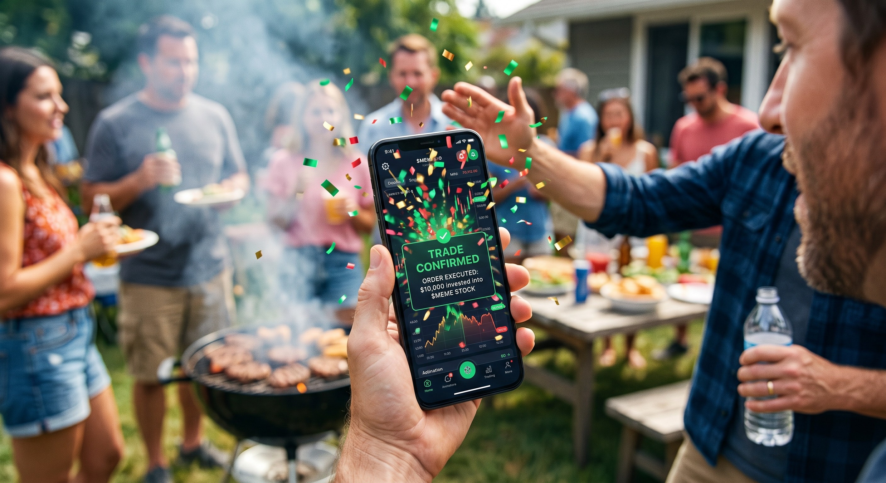 Man at a backyard barbecue looking at a gamified stock trading mobile app with confetti animations