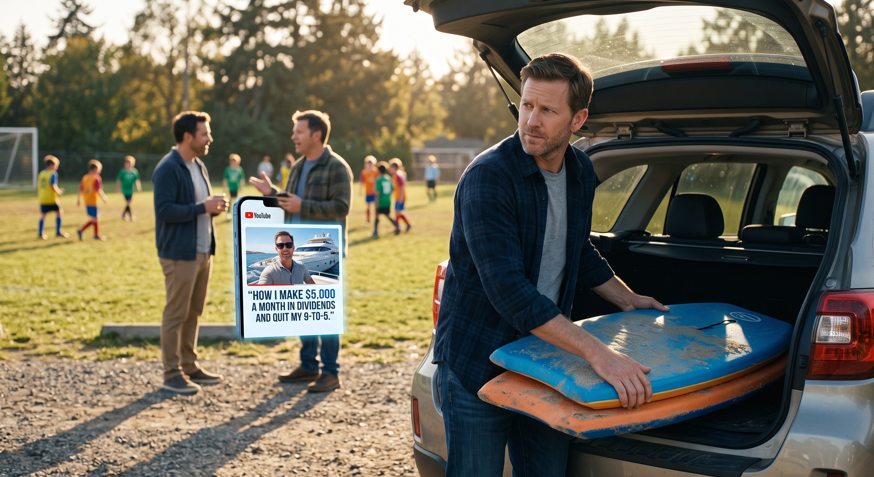 Man packing boogie boards into car trunk after kid soccer game looking at a YouTube phone video about dividend retirement
