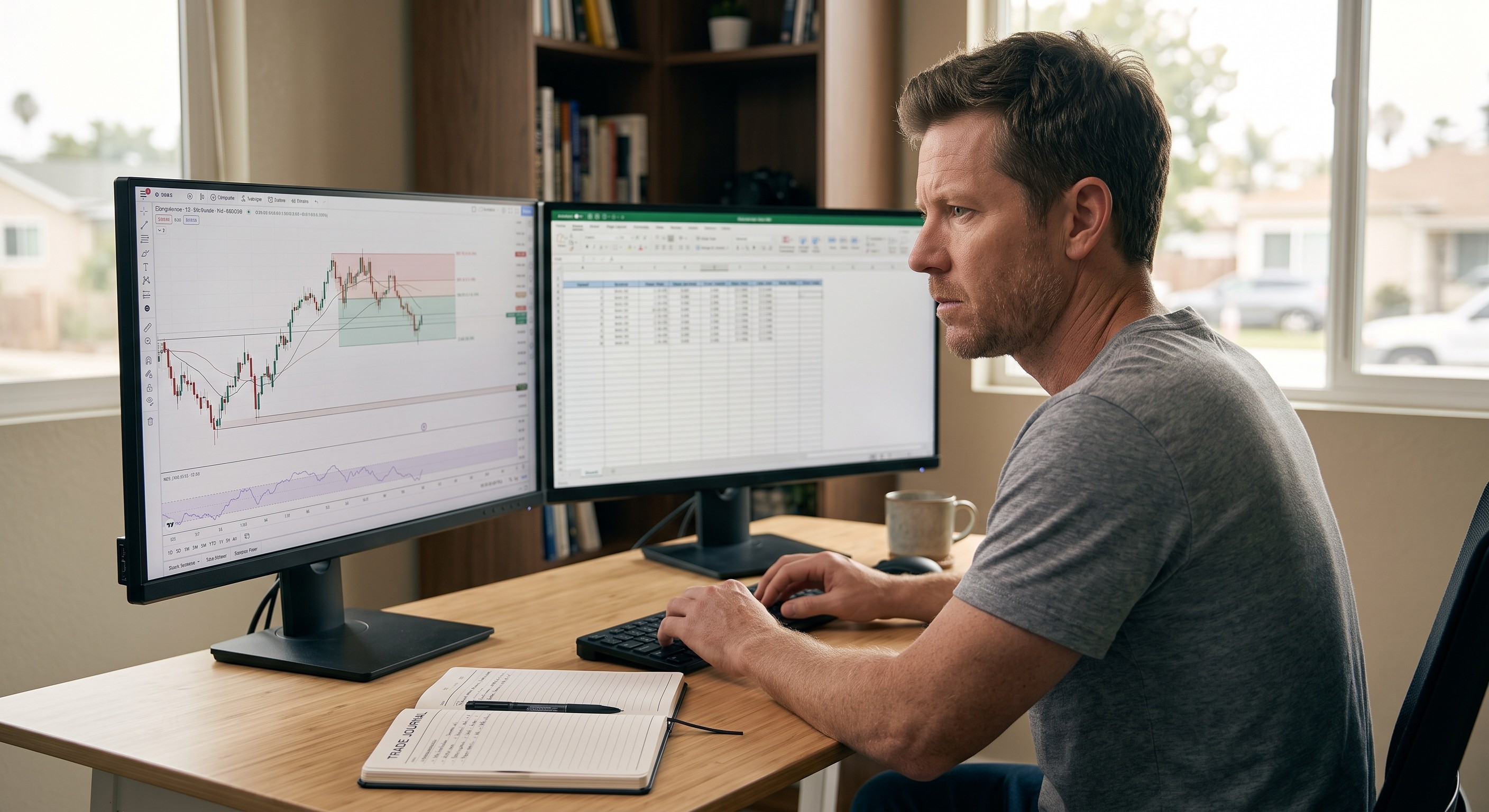 Disciplined trader in his 40s reviewing financial charts and balance sheets on dual desktop monitors
