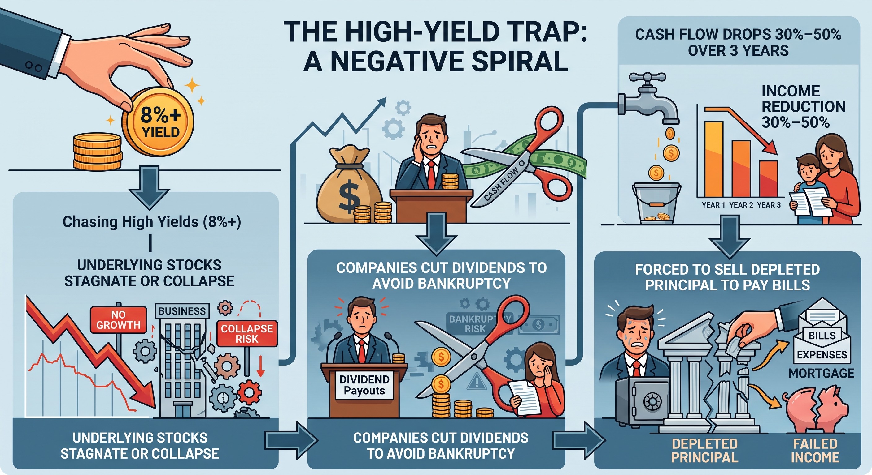 Infographic diagram showing the high yield dividend trap negative spiral