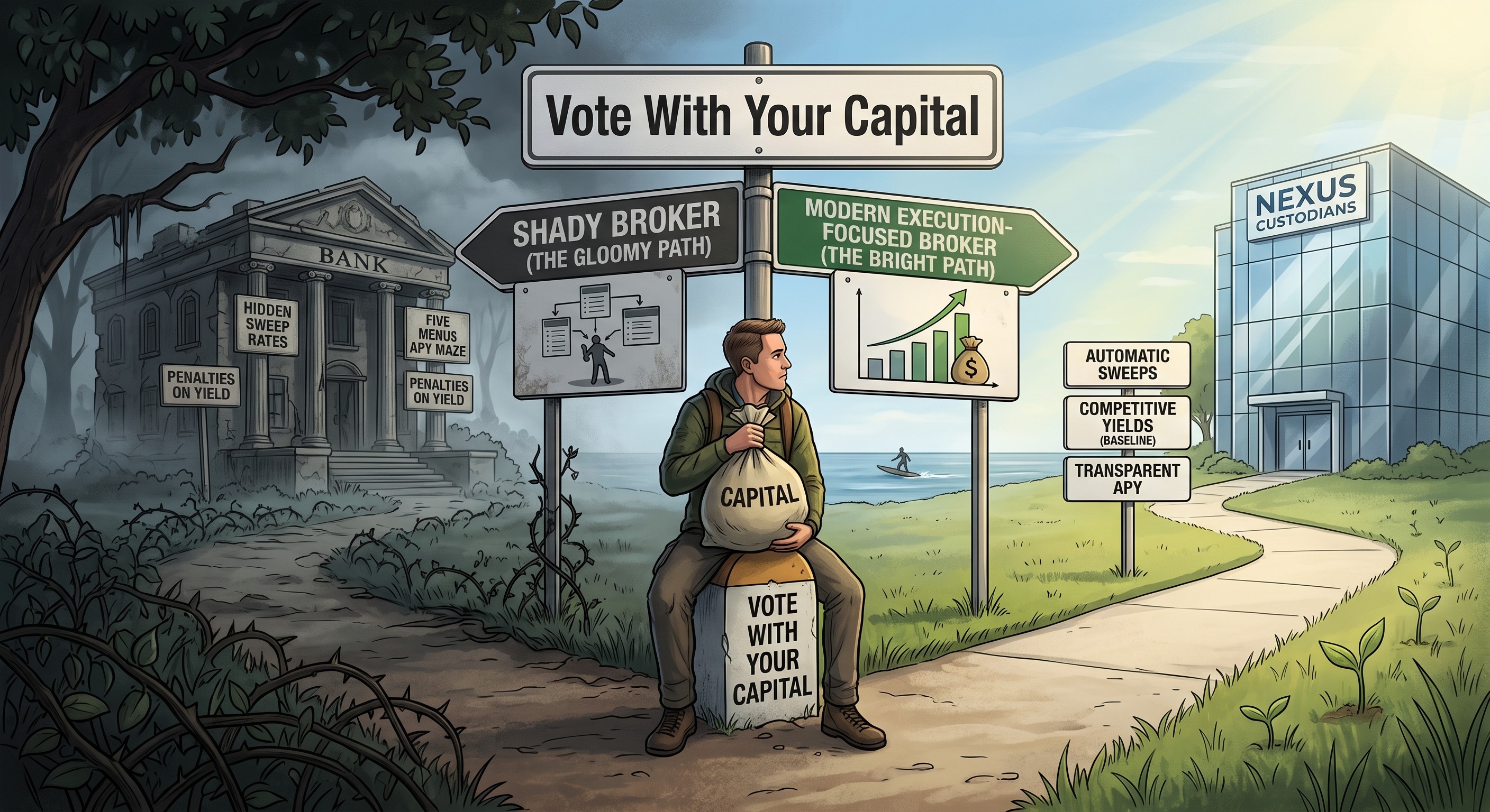 A man sitting with a bag of capital at a crossroads, choosing between a shady legacy broker and a transparent modern execution-focused platform